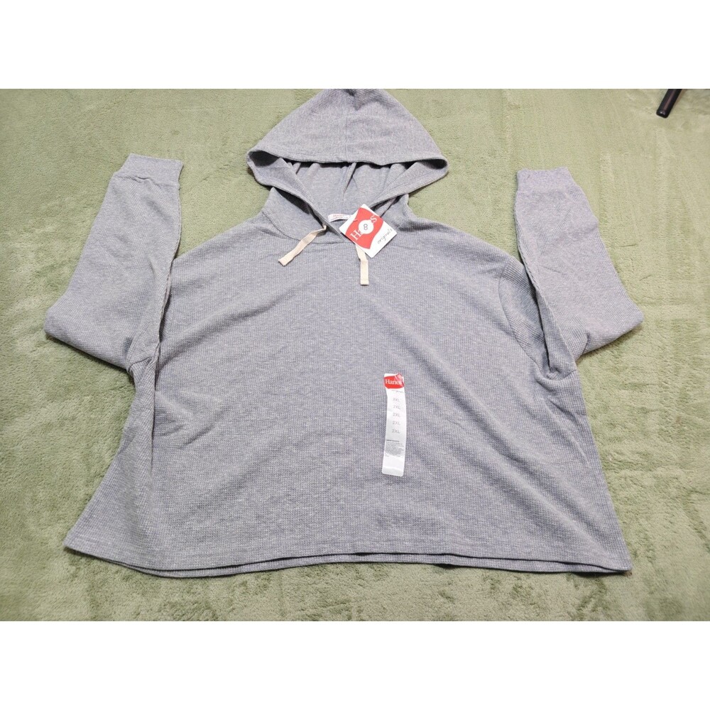NWT Hanes Originals Womens Thermal Hoodie Sz 2XL Gray Cropped Waffle Knit